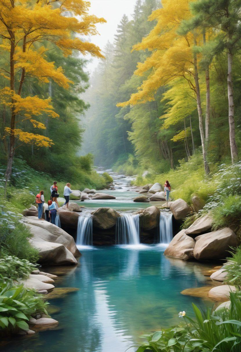 A serene landscape featuring a diverse group of people engaged in a collaborative risk assessment session, surrounded by nature, with elements symbolizing well-being assurance like healthy plants and flowing water. Include visual metaphors of balance and care, like a scale and a heart, in the background. The color palette should evoke calmness and positivity, with soft blues, greens, and warm yellows. super-realistic. vibrant colors. white background.