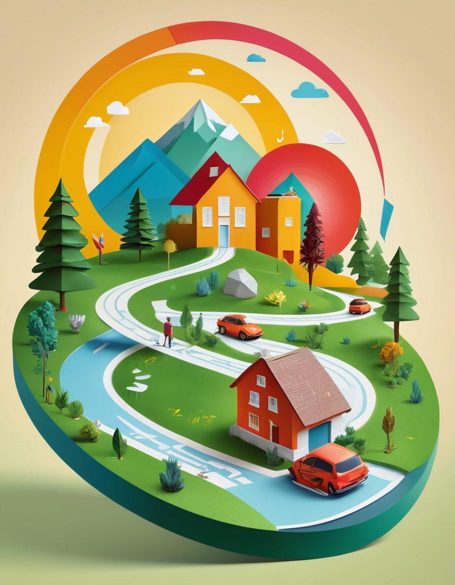 A stylish and informative landscape filled with various symbols representing different types of insurance, such as health, auto, home, and life insurance. Include a winding path that guides the viewer through these options, with vibrant arrows indicating choice points and a serene horizon suggesting peace of mind. Feature a diverse group of people discussing and looking at options together, symbolizing collaboration and guidance. Bright colors, 3D elements, and a clean, modern design style.