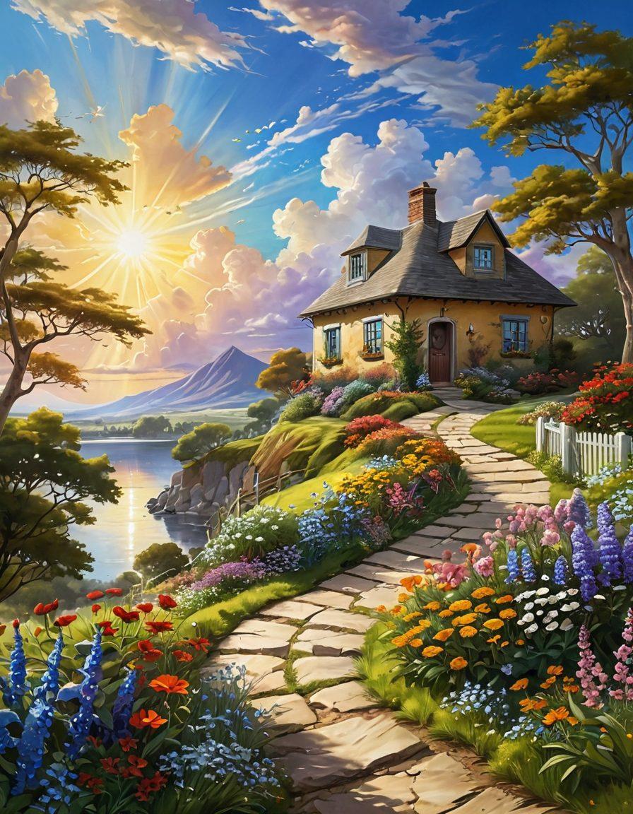 A serene landscape depicting a winding path leading to a bright, welcoming horizon. Alongside the path, various symbols of safety, such as a sturdy house, a protective shield, and joyful people interacting harmoniously. The sky is adorned with soft clouds and rays of sunshine, emanating warmth and peace. Enveloping the scene are vibrant flowers, suggesting growth and happiness. super-realistic. vibrant colors. peaceful atmosphere.